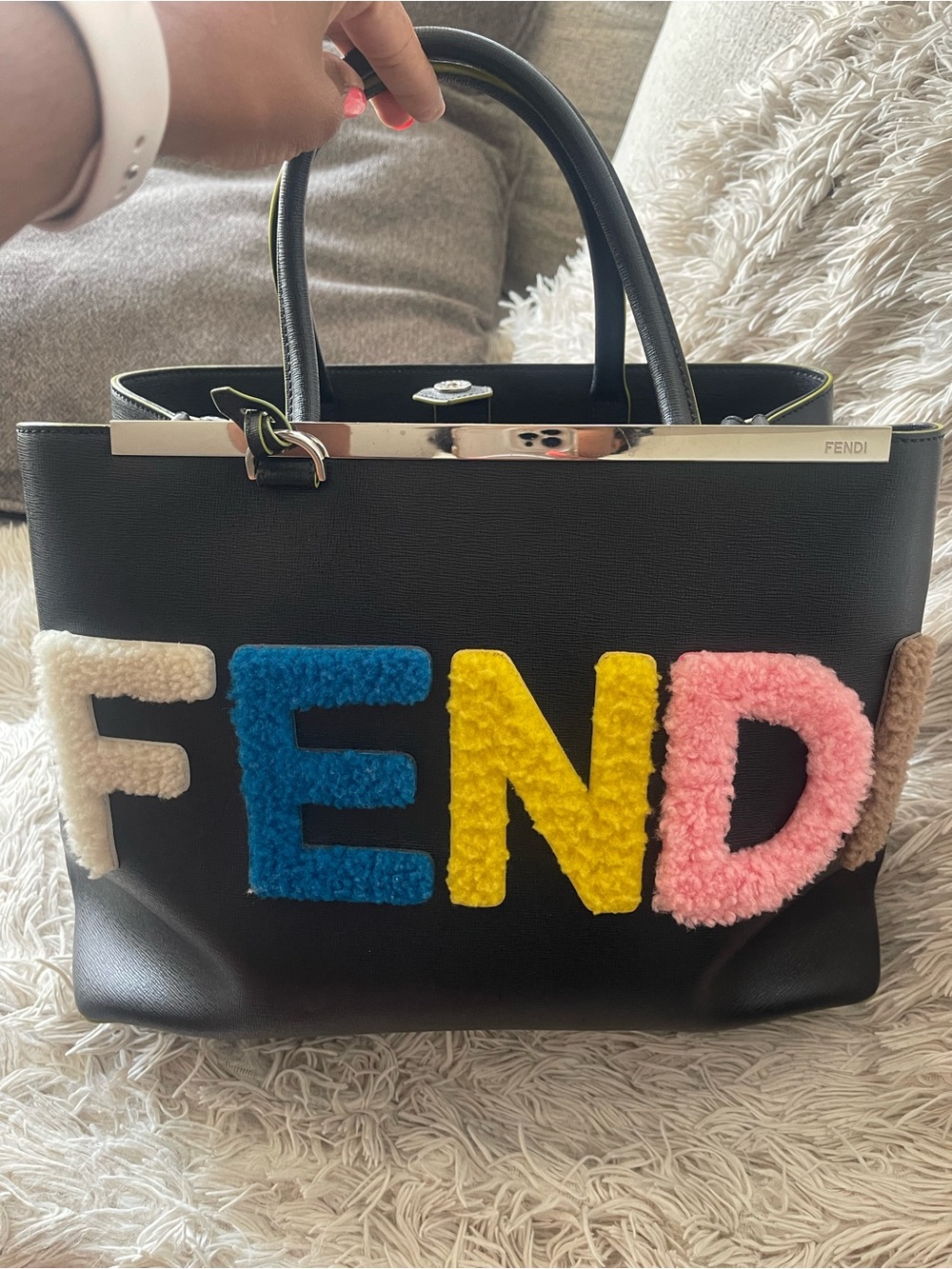 Fendi Black Leather Tote with Multicolor FENDI Letters